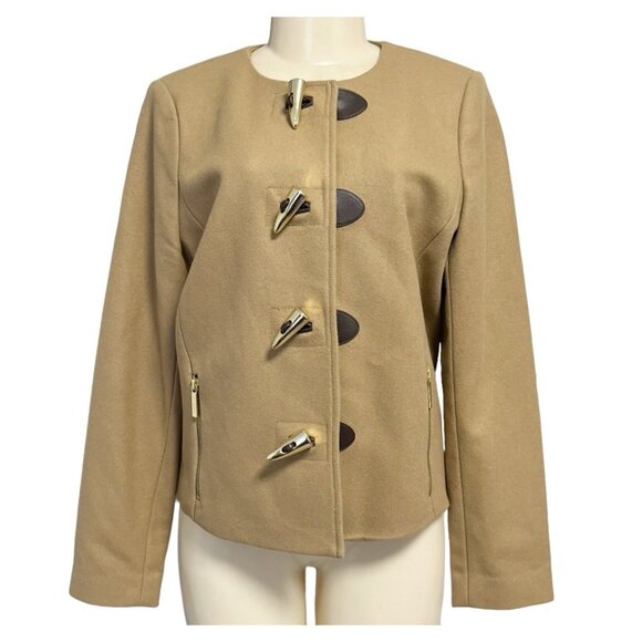 Michael Kors Tan Gold Toggle Button Jacket‎ Zip Pockets Wool Blend Corpcore 12 - Picture 1 of 10